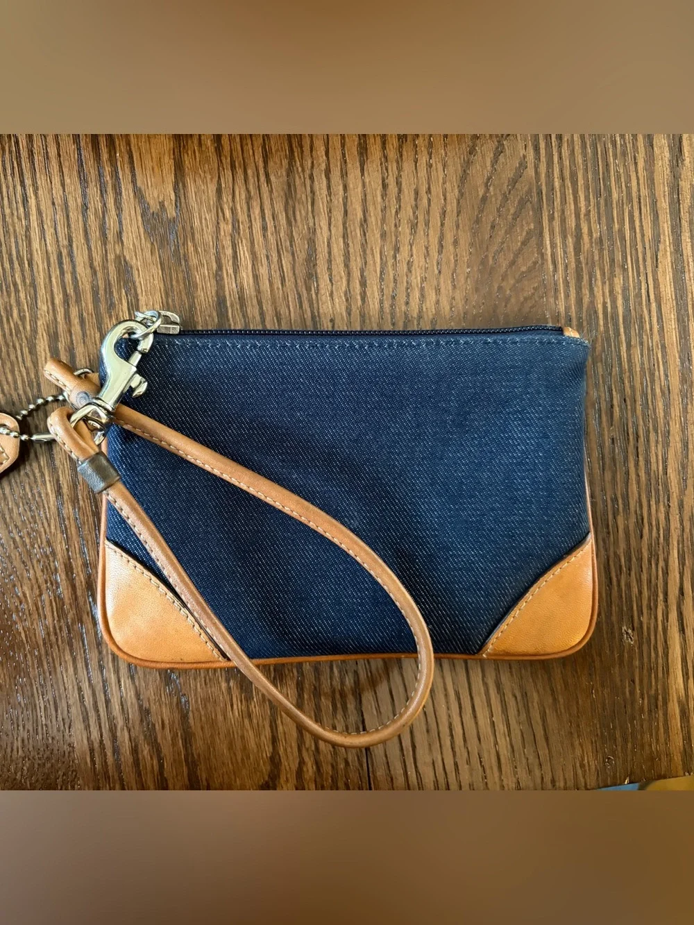 Coach Denim and Tan Leather Wristlet